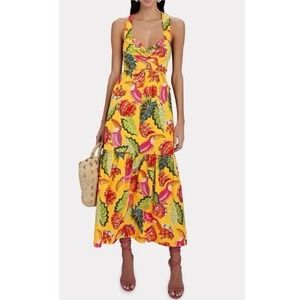 Farm Rio Yellow Beaks & Bananas Toucan Tiered Maxi Dress Size XS Cotton Tie Back